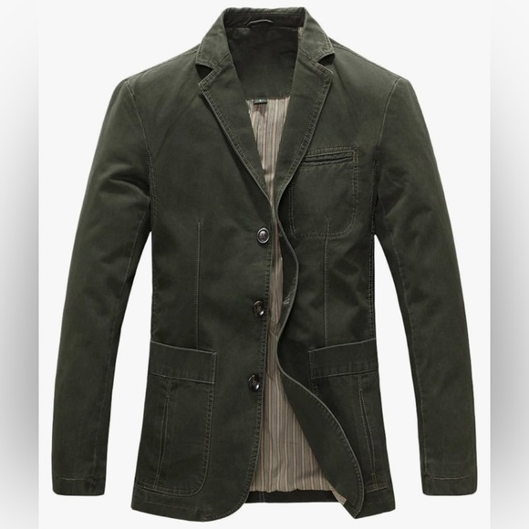 BNWT! CHOUYATOU, Men's Casual 3 Button Stripe Lined Cotton Twill Suit Jacket, 😻💚 - Picture 1 of 8